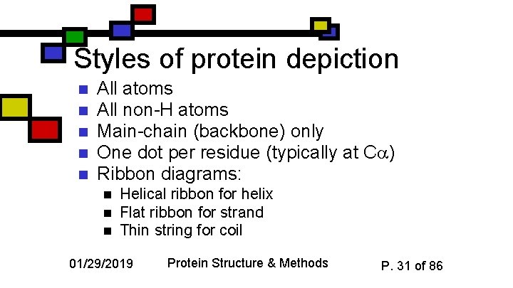 Styles of protein depiction n n All atoms All non-H atoms Main-chain (backbone) only