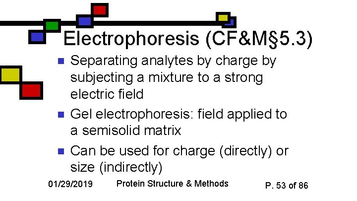 Electrophoresis (CF&M§ 5. 3) n n n Separating analytes by charge by subjecting a