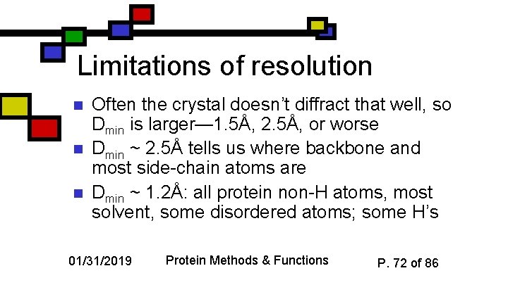 Limitations of resolution n Often the crystal doesn’t diffract that well, so Dmin is