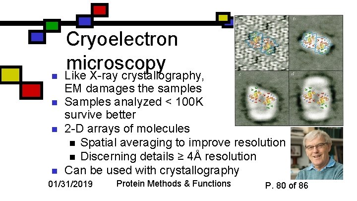 n n n Cryoelectron microscopy Like X-ray crystallography, EM damages the samples Samples analyzed