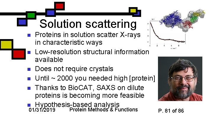 Solution scattering n n n Proteins in solution scatter X-rays in characteristic ways Low-resolution