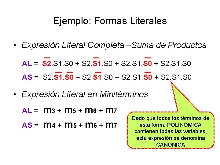 Ejemplo: Formas Literales • Expresión Literal Completa –Suma de Productos AL = S 2.