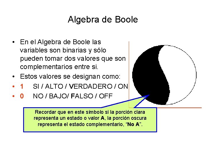 Algebra de Boole • En el Algebra de Boole las variables son binarias y