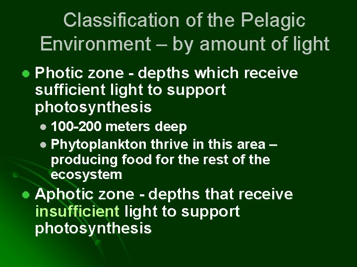 Classification of the Pelagic Environment – by amount of light l Photic zone -