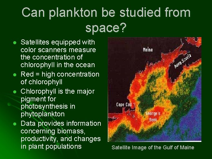 Can plankton be studied from space? l l Satellites equipped with color scanners measure