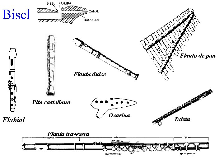 Bisel Flauta de pan Flauta dulce Pito castellano Ocarina Flabiol Flauta travesera Txistu 