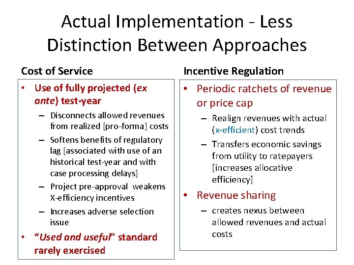 Actual Implementation - Less Distinction Between Approaches Cost of Service Incentive Regulation • Use