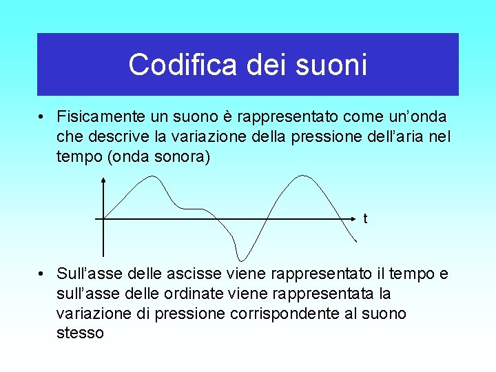 Codifica dei suoni • Fisicamente un suono è rappresentato come un’onda che descrive la