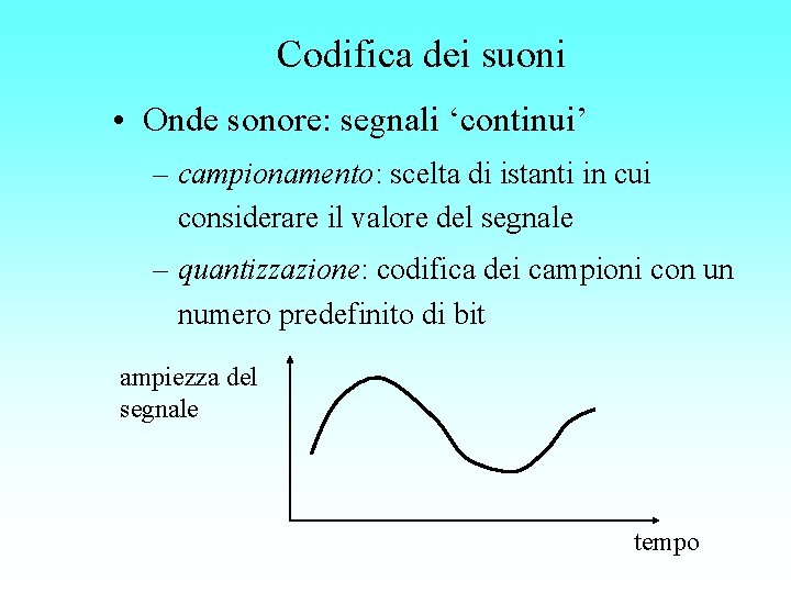 Codifica dei suoni • Onde sonore: segnali ‘continui’ – campionamento: scelta di istanti in