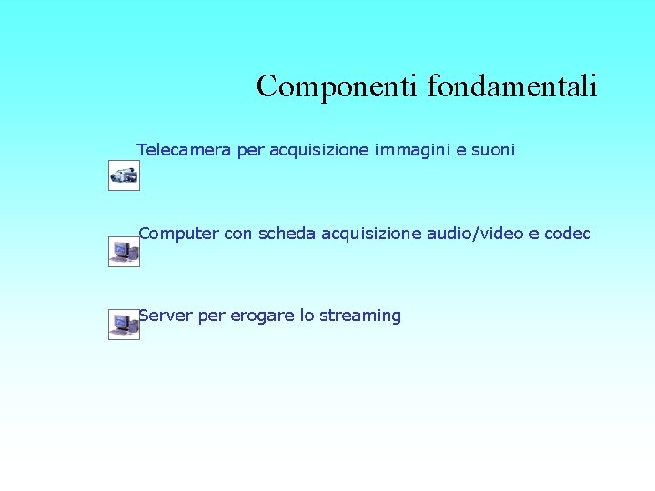 Componenti fondamentali Telecamera per acquisizione immagini e suoni Computer con scheda acquisizione audio/video e