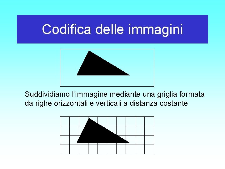 Codifica delle immagini Suddividiamo l’immagine mediante una griglia formata da righe orizzontali e verticali