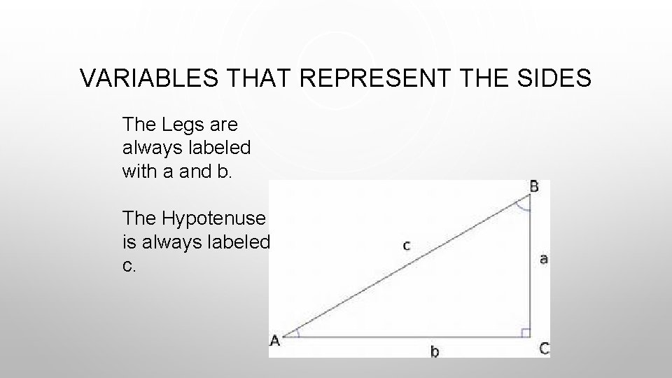 VARIABLES THAT REPRESENT THE SIDES The Legs are always labeled with a and b.