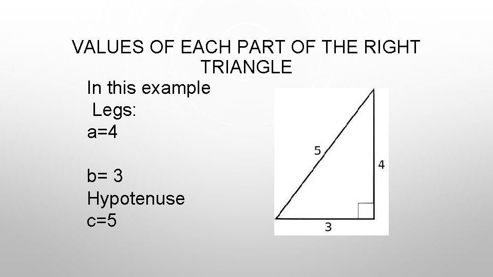 VALUES OF EACH PART OF THE RIGHT TRIANGLE In this example Legs: a=4 b=