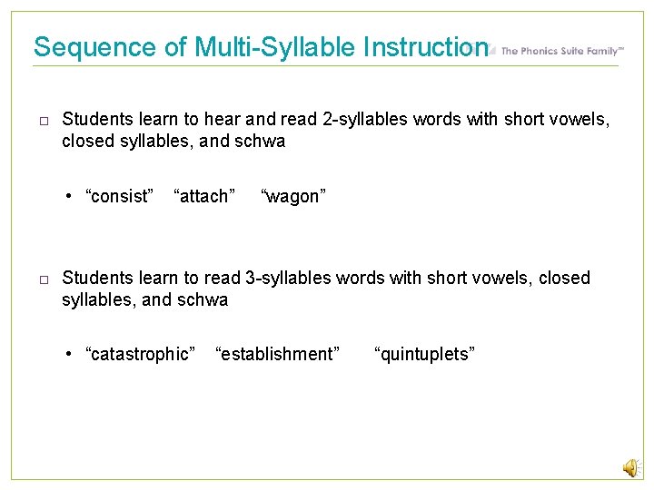 Sequence of Multi-Syllable Instruction Students learn to hear and read 2 -syllables words with