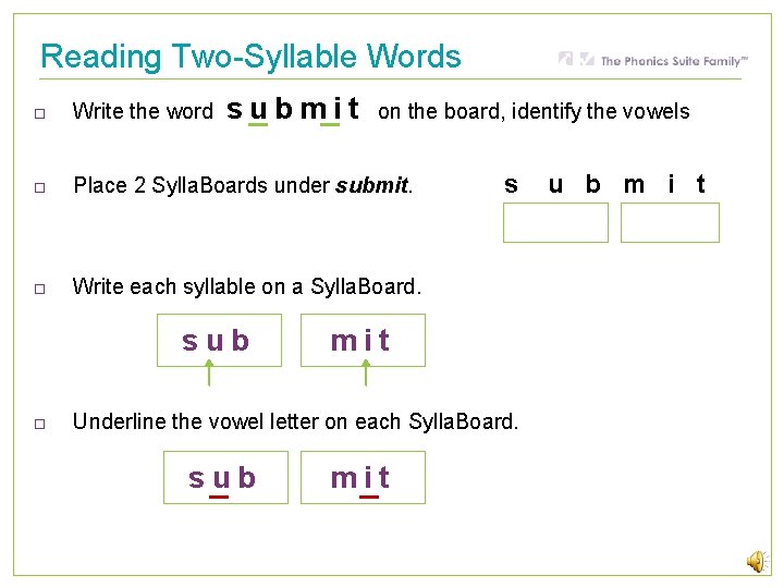 Reading Two-Syllable Words submit Write the word Place 2 Sylla. Boards under submit. Write