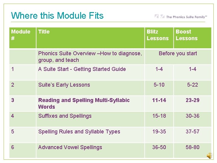 Where this Module Fits Module # Title Phonics Suite Overview –How to diagnose, group,