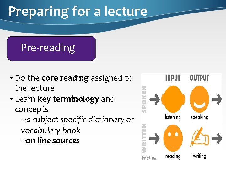 Preparing for a lecture Pre-reading • Do the core reading assigned to the lecture