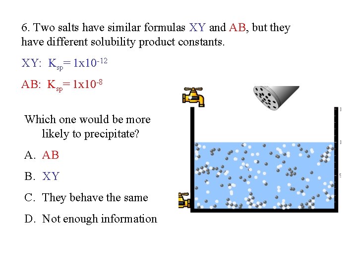 6. Two salts have similar formulas XY and AB, but they have different solubility