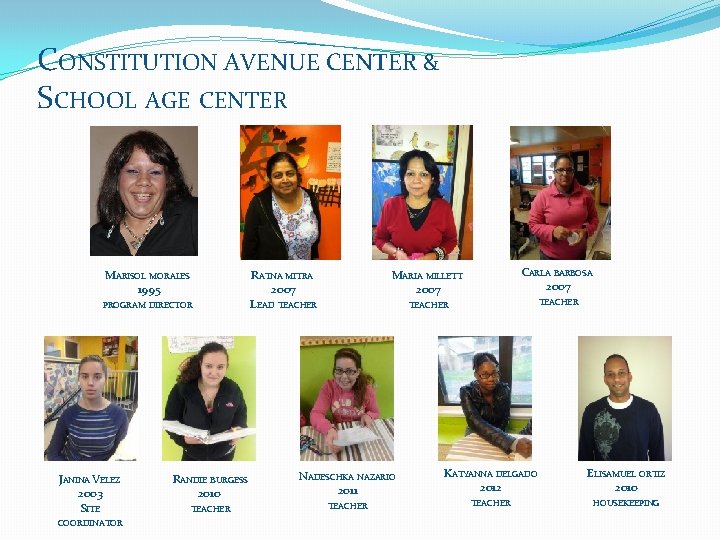 CONSTITUTION AVENUE CENTER & SCHOOL AGE CENTER MARISOL MORALES 1995 PROGRAM DIRECTOR JANINA VELEZ