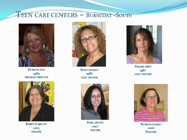 TEEN CARE CENTERS – BURNCOAT -SOUTH PATRICIA DIAZ 1989 DAISY JACKSON 1986 PROGRAM DIRECTOR