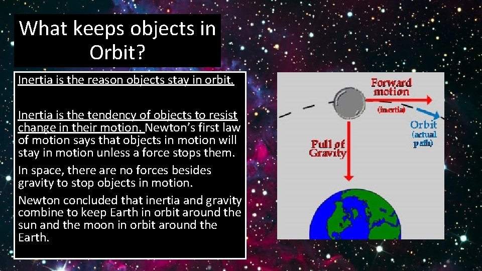 What keeps objects in Orbit? Inertia is the reason objects stay in orbit. Inertia