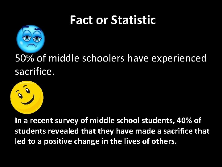 Fact or Statistic 50% of middle schoolers have experienced sacrifice. In a recent survey