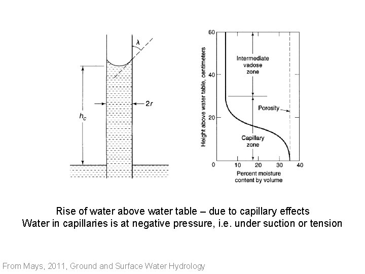 Rise of water above water table – due to capillary effects Water in capillaries