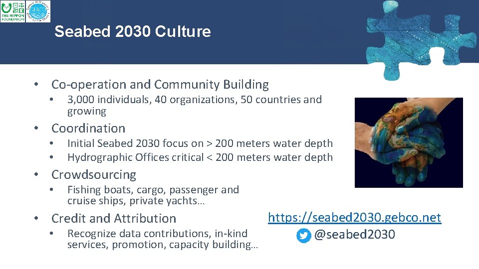 Seabed 2030 Culture • Co-operation and Community Building • 3, 000 individuals, 40 organizations,