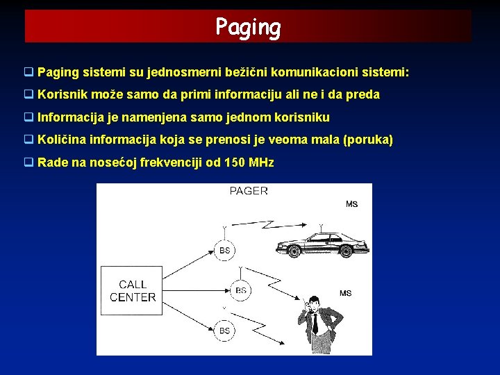 Paging q Paging sistemi su jednosmerni bežični komunikacioni sistemi: q Korisnik može samo da