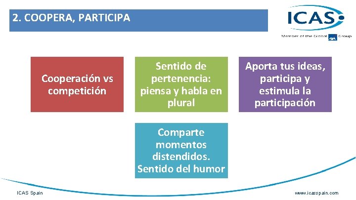 2. COOPERA, PARTICIPA Cooperación vs competición Sentido de pertenencia: piensa y habla en plural