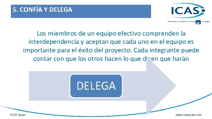 5. CONFÍA Y DELEGA Los miembros de un equipo efectivo comprenden la interdependencia y