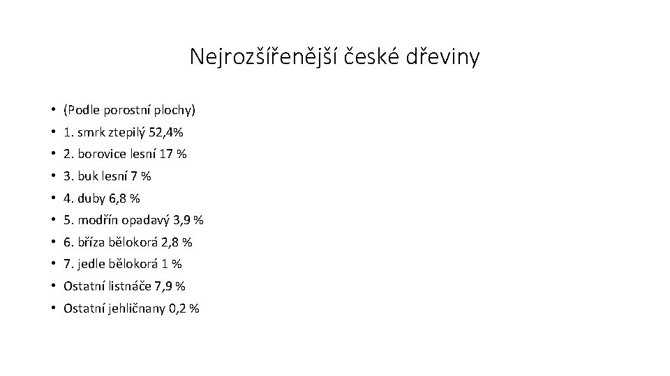 Nejrozšířenější české dřeviny • (Podle porostní plochy) • 1. smrk ztepilý 52, 4% •