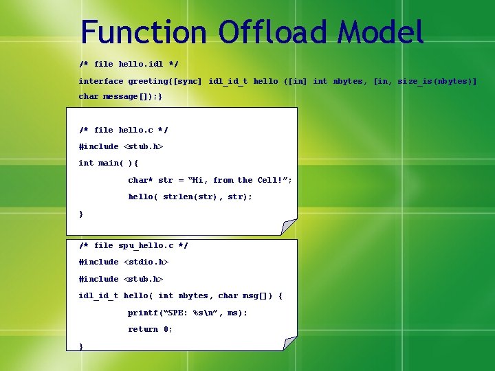 Function Offload Model /* file hello. idl */ interface greeting{[sync] idl_id_t hello ([in] int