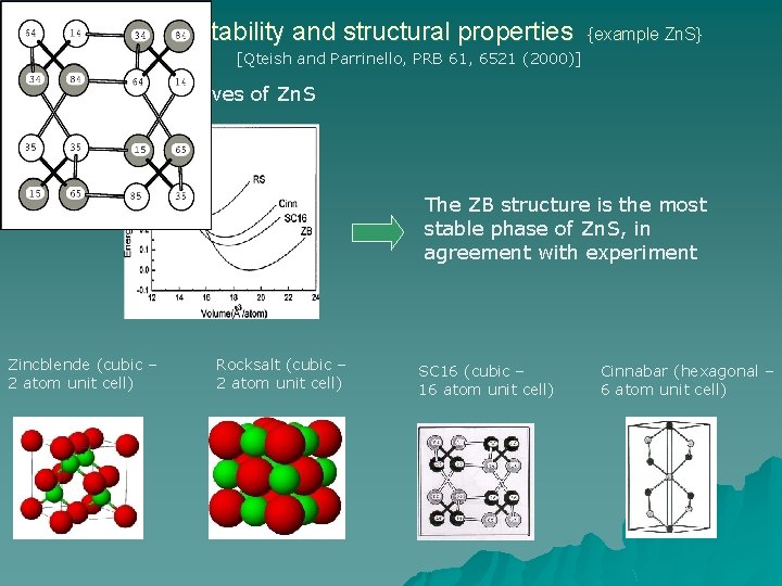 I. Phase stability and structural properties {example Zn. S} [Qteish and Parrinello, PRB 61,