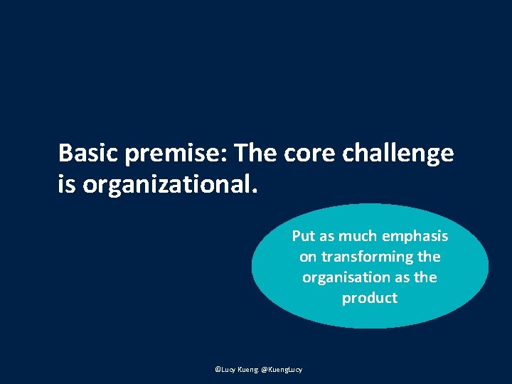 Basic premise: The core challenge is organizational. Put as much emphasis on transforming the