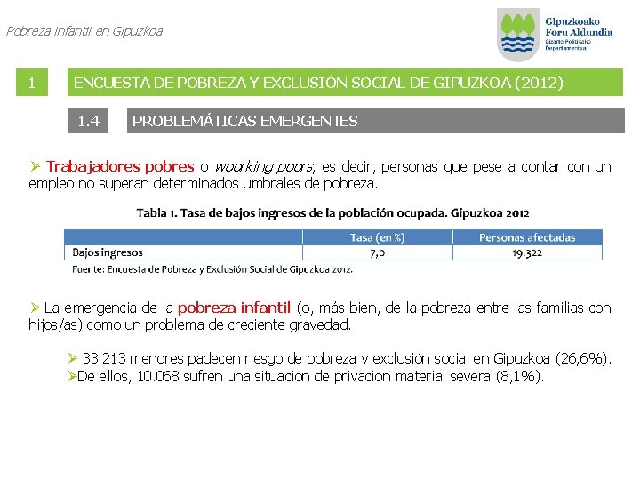 Pobreza infantil en Gipuzkoa 1 ENCUESTA DE POBREZA Y EXCLUSIÓN SOCIAL DE GIPUZKOA (2012)