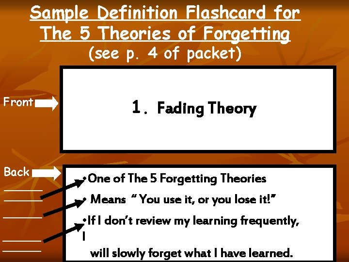 Sample Definition Flashcard for The 5 Theories of Forgetting (see p. 4 of packet)