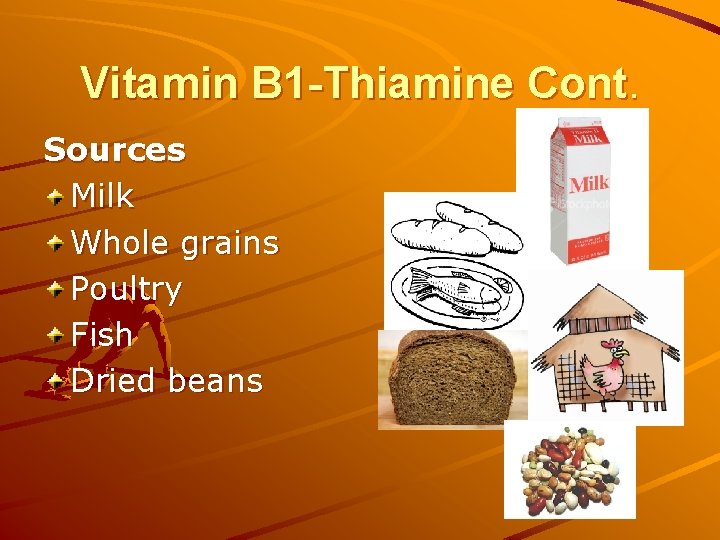 Vitamin B 1 -Thiamine Cont. Sources Milk Whole grains Poultry Fish Dried beans 