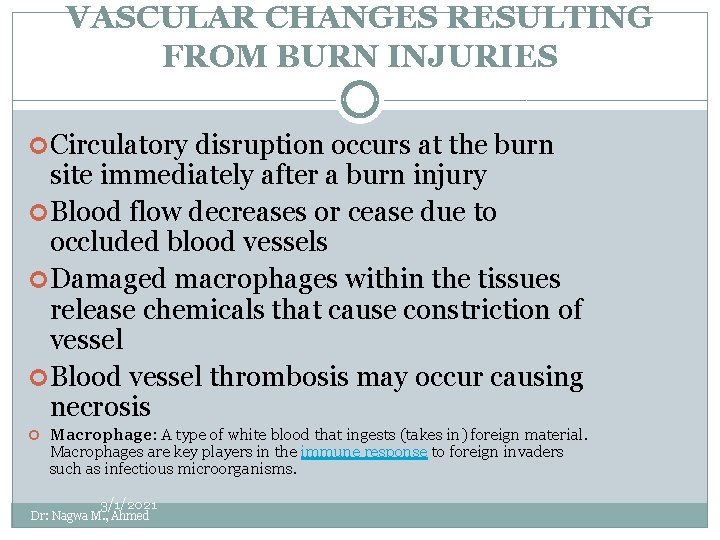 VASCULAR CHANGES RESULTING FROM BURN INJURIES Circulatory disruption occurs at the burn site immediately