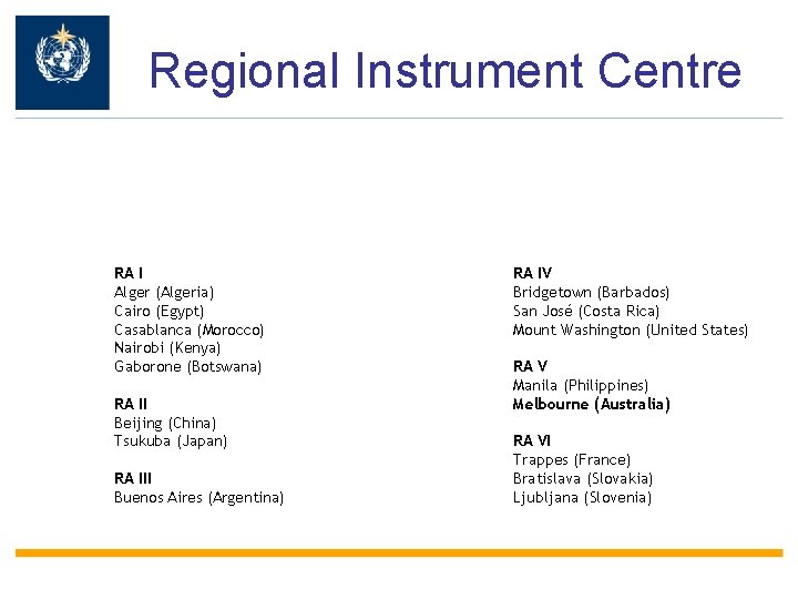 Regional Instrument Centre RA I Alger (Algeria) Cairo (Egypt) Casablanca (Morocco) Nairobi (Kenya) Gaborone