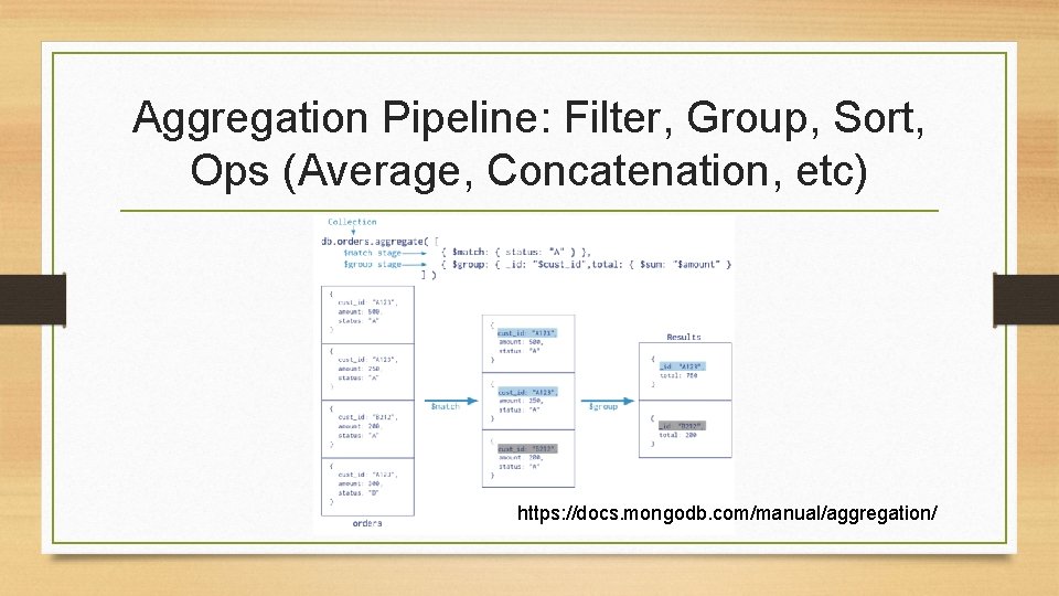 Aggregation Pipeline: Filter, Group, Sort, Ops (Average, Concatenation, etc) https: //docs. mongodb. com/manual/aggregation/ 