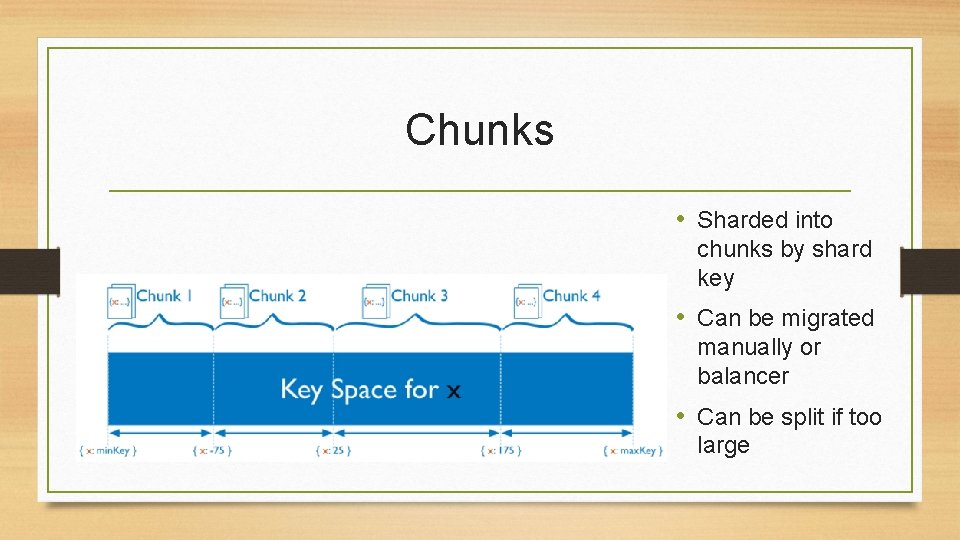 Chunks • Sharded into chunks by shard key • Can be migrated manually or