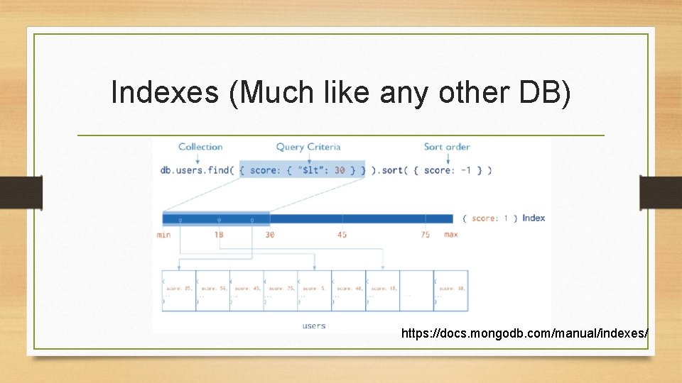 Indexes (Much like any other DB) https: //docs. mongodb. com/manual/indexes/ 