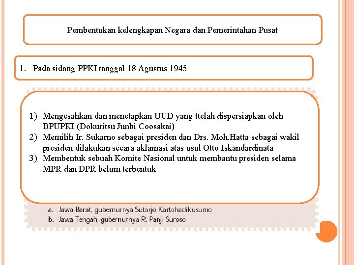 Pembentukan kelengkapan Negara dan Pemerintahan Pusat 1. Pada sidang PPKI tanggal 18 Agustus 1945