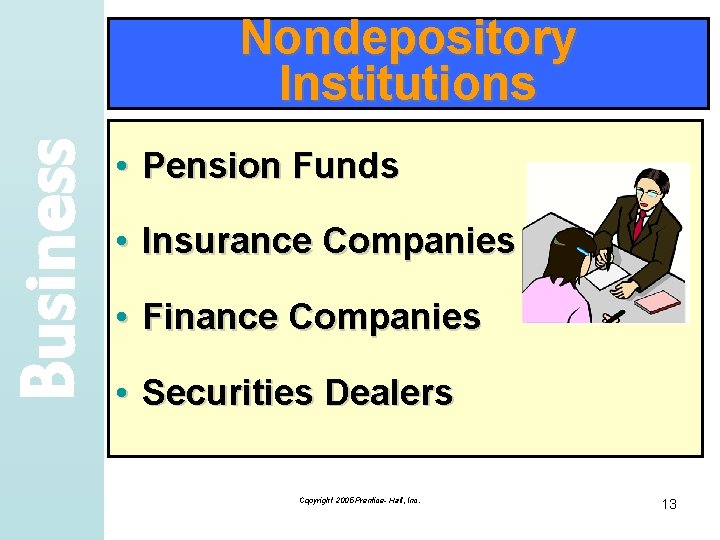 Business Nondepository Institutions • Pension Funds • Insurance Companies • Finance Companies • Securities