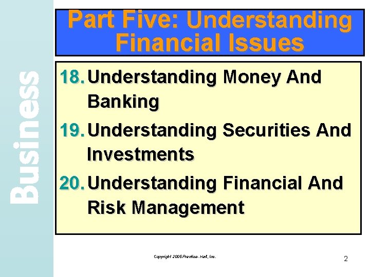 Business Part Five: Understanding Financial Issues 18. Understanding Money And Banking 19. Understanding Securities