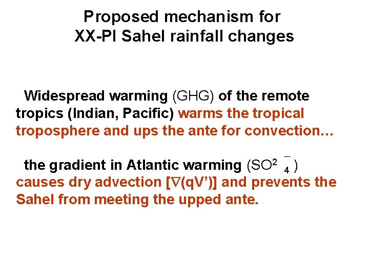 Proposed mechanism for XX-PI Sahel rainfall changes Widespread warming (GHG) of the remote tropics