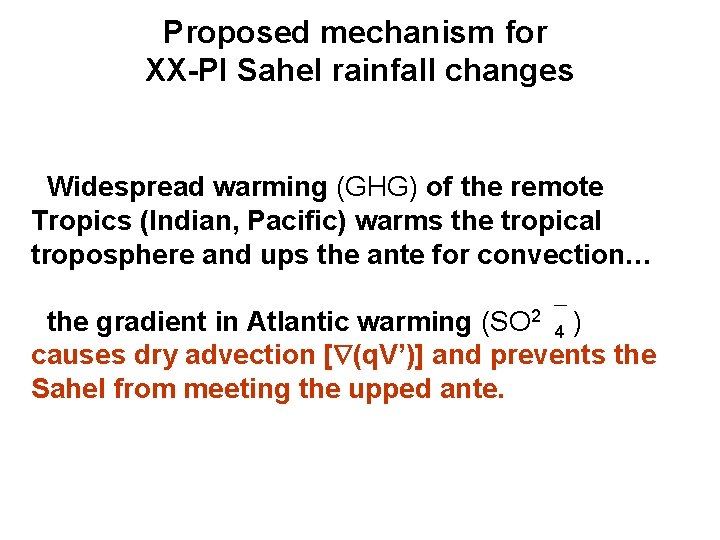 Proposed mechanism for XX-PI Sahel rainfall changes Widespread warming (GHG) of the remote Tropics