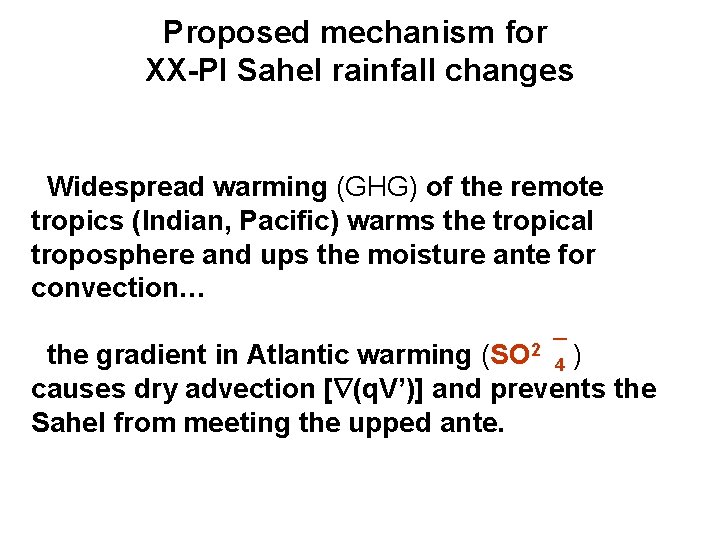 Proposed mechanism for XX-PI Sahel rainfall changes Widespread warming (GHG) of the remote tropics