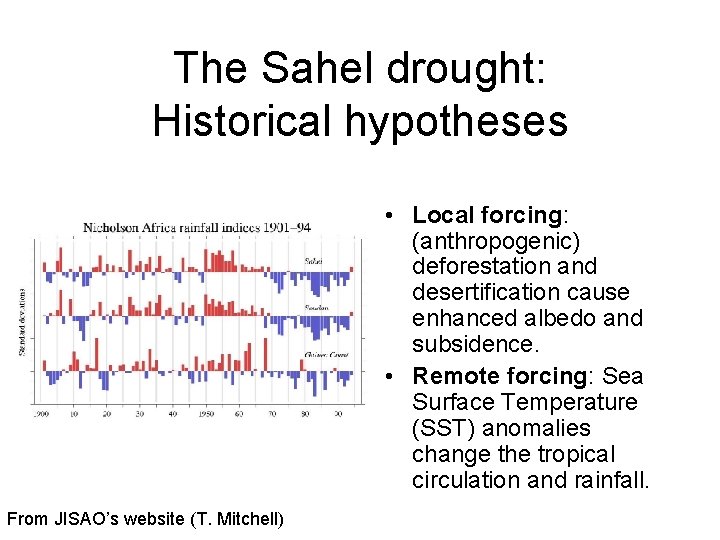 The Sahel drought: Historical hypotheses • Local forcing: (anthropogenic) deforestation and desertification cause enhanced